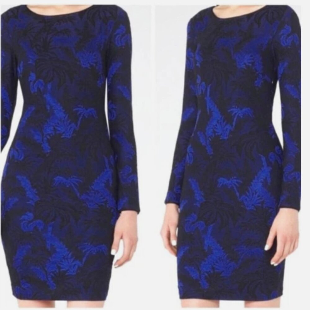 Reiss Saffina Blue Palm Motif Jacquard Bodycon Jersey Dress